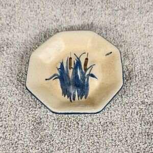 Labaire Pottery Trinket Dish Cream Blue Cattail Nature Octagonal Signed